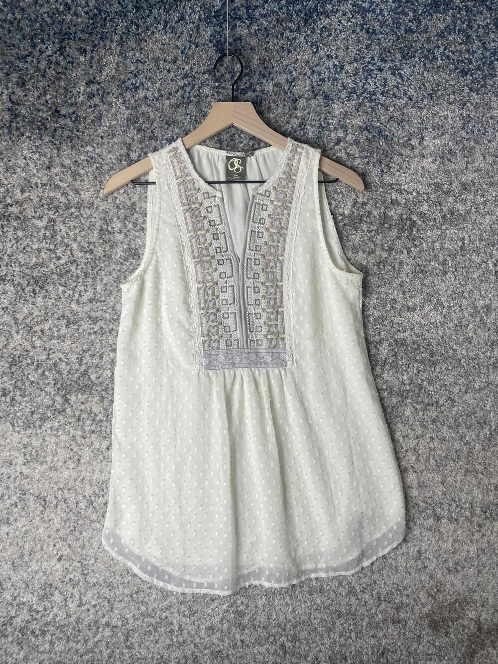 One September Tank Top Womens Small Embroidered Sleeveless Textured Boho Blouse